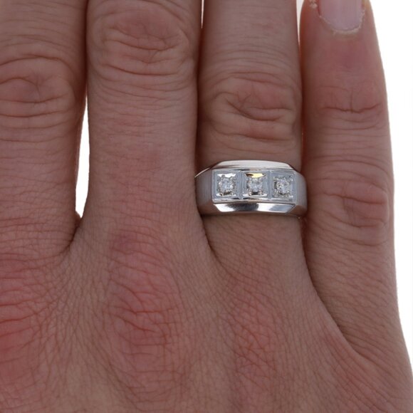 White Gold Diamond Men's Ring - 14k Round Brilliant .24ctw Three-Stone - Picture 2 of 6